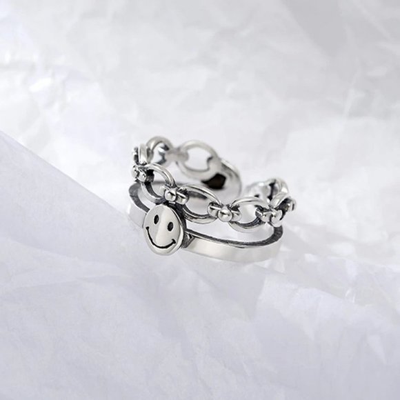 *925 Sterling Silver Smile Face Adjustable Ring - Picture 3 of 4